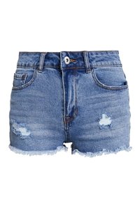 Shorts de denim azul con una cintura alta, dobladillo deshilachado y detalles desgastados con parches de azul claro. Diseño clásico de 5 bolsillos.