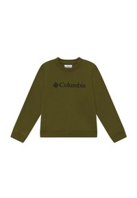 Felpa a maniche lunghe verde oliva con polsini e orlo a coste, con logo e simbolo neri "Columbia" sul petto.