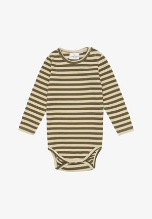 Ilgai rankoviu bodysuit'as su horizontaliais dryžiais alyvuogių žalia ir kreminės spalvos, raukšlėta tekstūra ir spaustukai ant pečių bei apačioje.