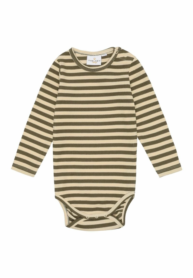 Bodysuit s dugim rukavima s horizontalnim prugama u maslinasto zelenoj i krem boji, rebrasta tekstura i kopčanje na ramenima i dnu.