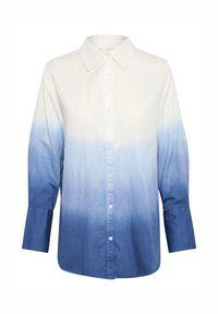 Långärmad skjorta med knäppning och spetsig krage i vitt, som gradvis övergår till ljusblått och sedan mörkblått vid fållen och ärmarna.