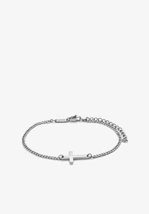 Sølvkædearmbånd med et vandret korsvedhæng og en lås med hummerklospænde, justerbart med ekstra kædelink.