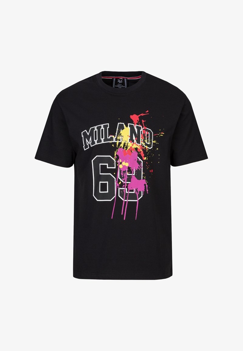 Schwarzes Baumwoll-T-Shirt mit "MILANO" und "63" in Weiß sowie bunten Spritzakzenten in Pink, Gelb und Rot. Kurze Ärmel, Rundhalsausschnitt.