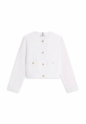 Hvid langærmet cropped jakke med rund halsudskæring, guldknapper og to forlommer med knappedetaljer.