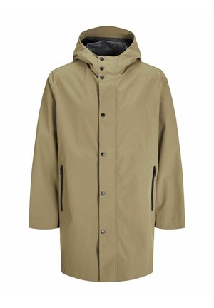 Giacca impermeabile color khaki con cappuccio, chiusura a bottoni a pressione, due tasche laterali con zip e una texture liscia.