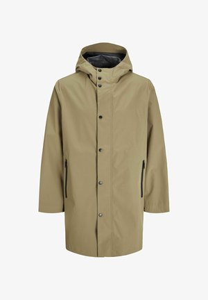 Khaki veekindel jakk kapuutsiga, nupuväli, kaks küljetaskut vetthülgavustega ja sile tekstuur.
