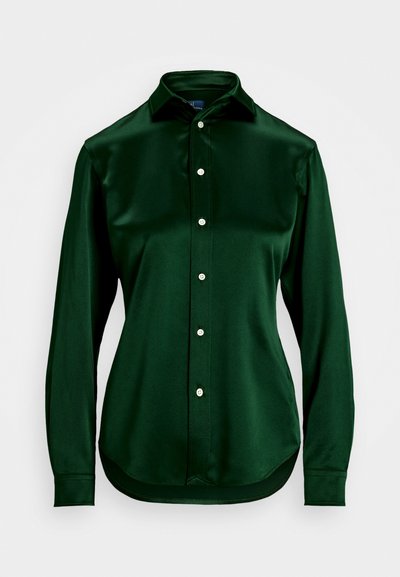 Dark green long-sleeve shirt made of smooth fabric, featuring a collar, front buttons, and a curved hem.