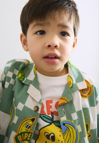 Kurzärmliges, grünes kariertes Hemd mit fruchtigen Aufnähern; darüber getragen ein weißes T-Shirt mit einer großen gelben Zitrone als Grafik.