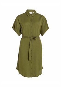 Olive rohelise värvi särgimekko, mis on valmistatud kergete kangastega, omadustega kaelus, lühikesed varrukad, nööpidega eesmine osa ja seotud vöökoht.