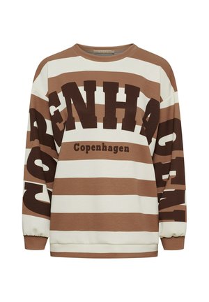 Langærmet stribet sweatshirt i brun og hvid med stor "Copenhagen" tekst hen over bryst og ærmer.
