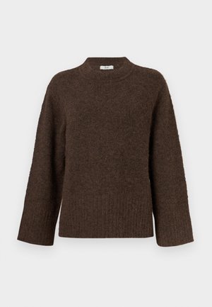 Maglione marrone lavorato a maglia con un collo alto, maniche ampie, orlo a coste e una consistenza morbida. Caratterizzato da una vestibilità comoda e un design minimal.