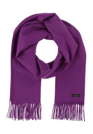 Violetti huivi pehmeästä kankaasta, jossa on hapsupäät. Sen pinta on sileä ja toisella puolella on logotagi.