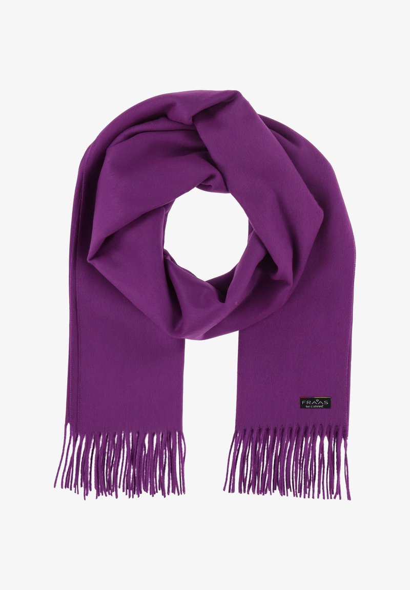 Violetti huivi pehmeästä kankaasta, jossa on hapsupäät. Sen pinta on sileä ja toisella puolella on logotagi.