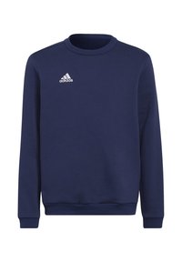 Sudadera azul marino con cuello redondo, puños y dobladillo acanalados. Presenta un pequeño logo blanco de Adidas en el lado izquierdo del pecho. Tela suave, diseño minimalista.