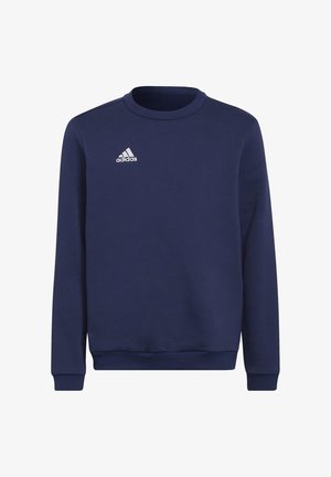 Sudadera azul marino con cuello redondo, puños y dobladillo acanalados. Presenta un pequeño logo blanco de Adidas en el lado izquierdo del pecho. Tela suave, diseño minimalista.