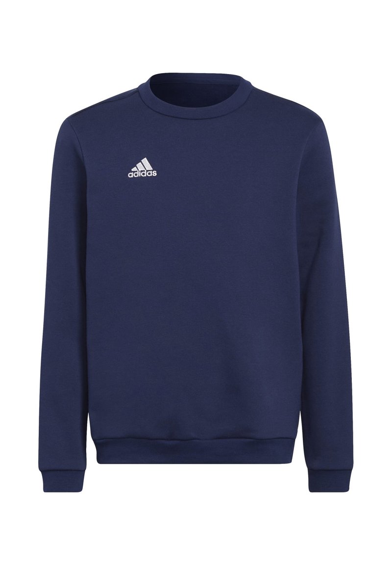 Sudadera azul marino con cuello redondo, puños y dobladillo acanalados. Presenta un pequeño logo blanco de Adidas en el lado izquierdo del pecho. Tela suave, diseño minimalista.