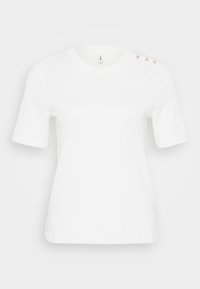 White short-sleeve t-shirt in cotton, featuring a round neckline and three decorative buttons on the left shoulder. Smooth texture.