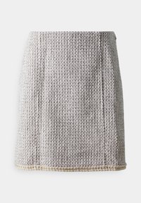 Tkaná šedá sukně s texturovaným povrchem, s rovnými liniemi a lemem se zlatou nití. Jednoduchý, bezešvý design bez viditelných zapínání.