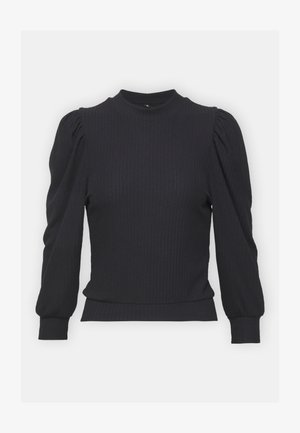 Fekete bordázott kötött pulóver magas nyakkal, puffos hosszú ujjal és szegélyezett mandzsettával. Az anyag sima tapintású és passzos formájú.