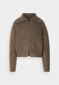 Cardigan castanho em lã com fecho de correr, apresentando colarinho, design cropped e bainha canelada. Textura suave com uma aparência ligeiramente peluda.