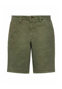 Szorty bawełniane w kolorze oliwkowym z zapięciem na guziki, przednimi kieszeniami i gładkim przodem. Charakteryzują się gładką teksturą i długością do kolan.