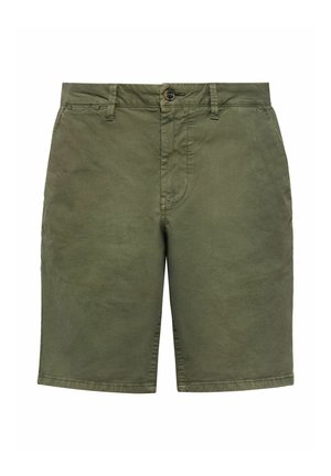 Szorty bawełniane w kolorze oliwkowym z zapięciem na guziki, przednimi kieszeniami i gładkim przodem. Charakteryzują się gładką teksturą i długością do kolan.