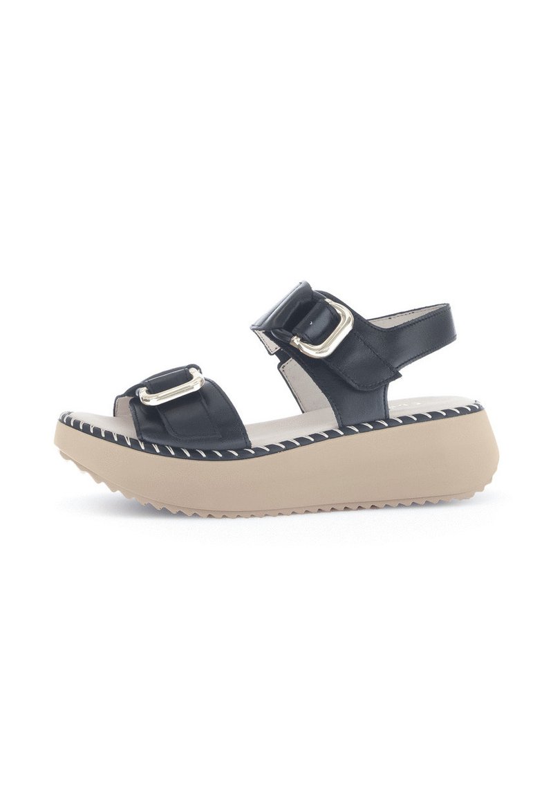Black leather platform sandals with two buckle straps, beige textured sole, and white decorative stitching along the edge.