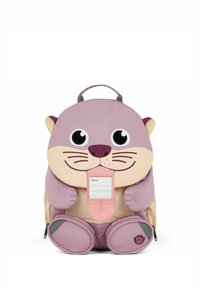 Lila und beige Rucksack in Form eines Otters, mit großen Augen, einem Etikett zur Personalisierung und runden Reißverschlussfächern am Boden.