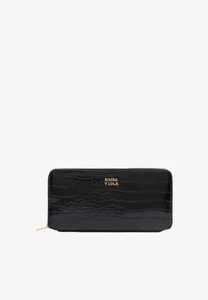 Black crocodile-embossed wallet with gold logo, featuring a zip closure and a slim rectangular design for easy carrying.