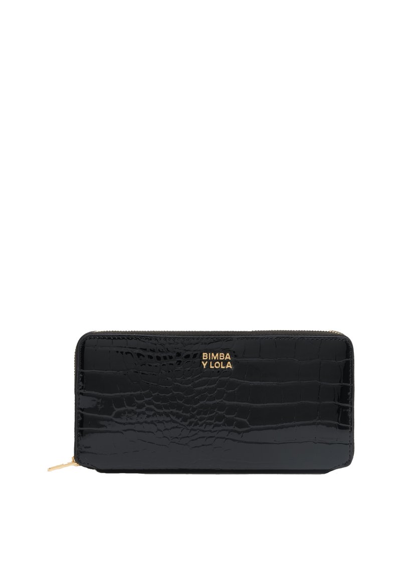 Black crocodile-embossed wallet with gold logo, featuring a zip closure and a slim rectangular design for easy carrying.