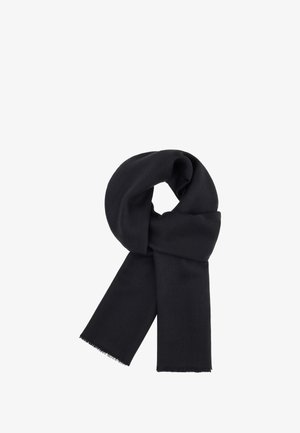 Sort tørklæde, rektangulær form, lavet af blødt stof, med frynsede kanter for tekstur. Letvægts og alsidigt design.