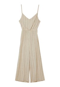 Beige jumpsuit with thin vertical stripes. Features spaghetti straps, a v-neckline, and an elastic waistband for a relaxed fit.