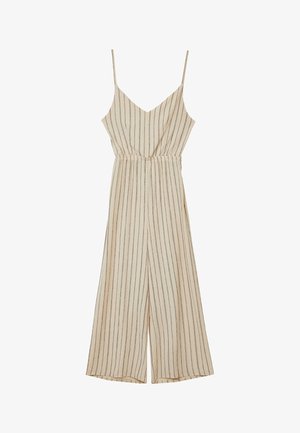Beiger Jumpsuit mit dünnen vertikalen Streifen. Verfügt über Spaghettiträger, einen V-Ausschnitt und einen elastischen Bund für eine entspannte Passform.