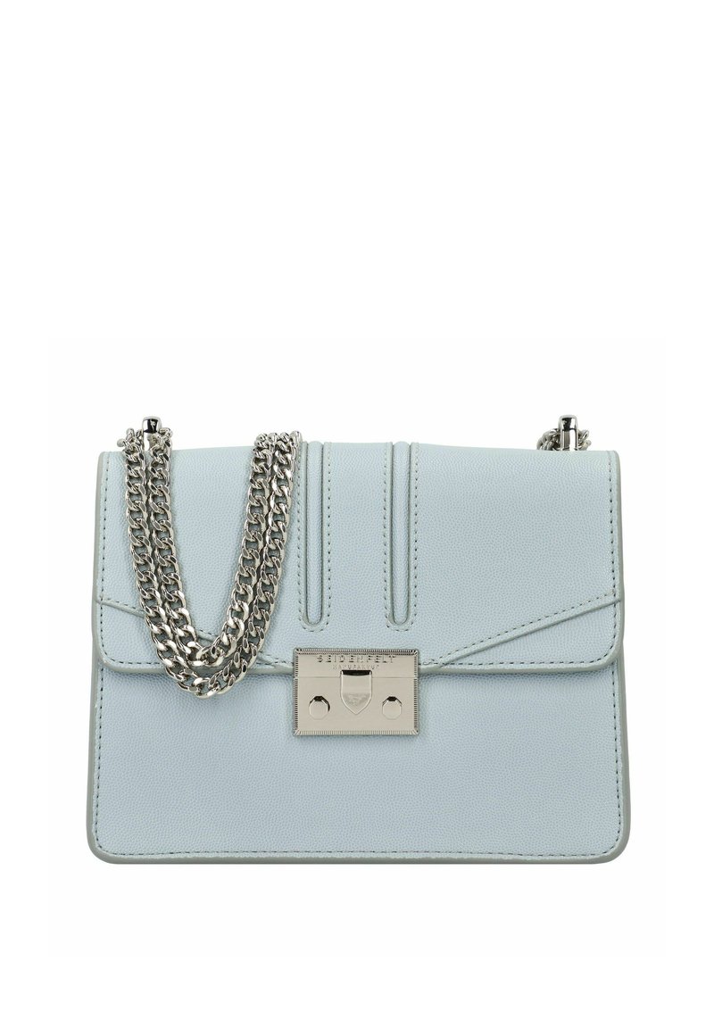 Borsa a mano in pelle azzurro chiaro con tracolla a catena argentata, forma rettangolare e chiusura metallica. Davanti texturizzato con dettagli di cucitura.