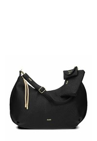 Borsa nera con texture, dalla forma curva, dotata di una piccola pochette removibile, con dettagli in metallo dorato e tracolla intrecciata.