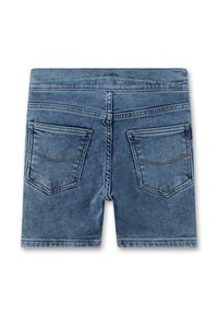 Jeans-Shorts mit blauer Waschung, ausgestattet mit einem mittelhohen Bund, Gesäßtaschen mit gebogenen Nähten und dezenten Stickerei-Details.