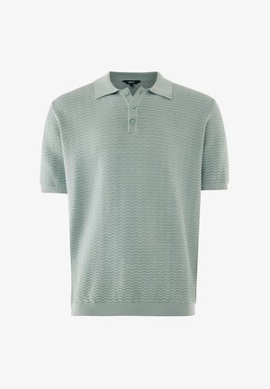 Jasnozielona koszulka polo z krótkim rękawem o falistej fakturze, z trzema guzikami oraz ściągaczami na mankietach i dole.