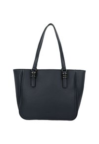 Schwarze, strukturierte Leder-Tote mit doppelten Griffen, ausgestattet mit Hardware-Details in Silber und einem glatten, strukturierten Design.