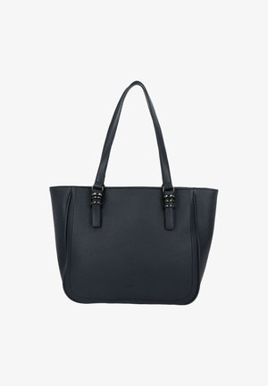Sac fourre-tout en cuir noir texturé avec des poignées doubles, doté d'accents en métal argenté et d'un design lisse et structuré.