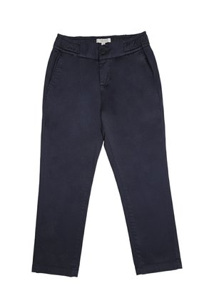 Pantaloni con vita elasticizzata blu navy, tasche laterali, chiusura con bottone e gambe dritte, adatti sia per un abbigliamento casual che formale.