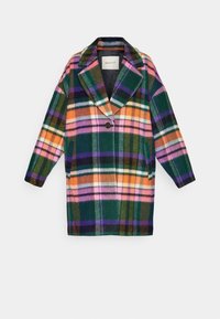 Enkeltknappet lang uldfrakke med grøn, orange, pink, lilla og hvid tartan mønster og spidse kraver, mærkets label inden i.