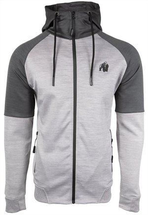 Lichtgrijze zip-up jas met een capuchon, met donkere grijze accenten, een logo op de borst en zijzakken. Gladde textuur, sportief ontwerp.