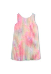 Αμάνικο φόρεμα με πιέτες σε σχέδιο tie-dye, με παστέλ αποχρώσεις ροζ, μπλε και κίτρινο, με απαλή υφή υφάσματος.