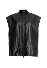 Black leather vest with a high collar, vertical ribbed front panel, snap closure, and side pockets, featuring a smooth texture.