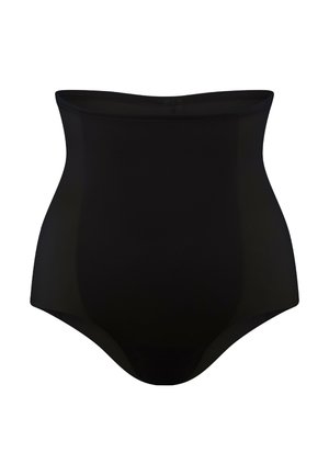 Culotte gainante noire taille haute en tissu lisse et extensible. Présente un design sans coutures et une couleur neutre pour un port discret.