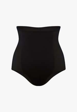 Culotte gainante noire taille haute en tissu lisse et extensible. Présente un design sans coutures et une couleur neutre pour un port discret.