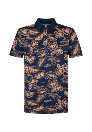 Polo bleu marine avec un motif floral en beige clair. Il a un col classique, des manches courtes et une patte de boutonnage. Texture du tissu douce.
