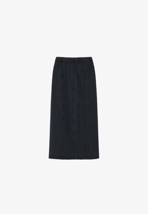 Falda midi negra con cinturilla elástica y detalles de costuras verticales, corte recto, mostrada sobre fondo blanco.