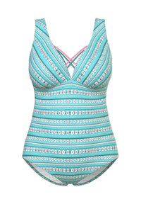 Maillot de bain une pièce turquoise avec un décolleté en V, des bretelles croisées, et un motif de cercles et de lignes ondulées en rose et blanc.