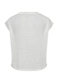 Haut décontracté blanc à manches courtes avec encolure ronde et tissu subtilement texturé, vu de dos.